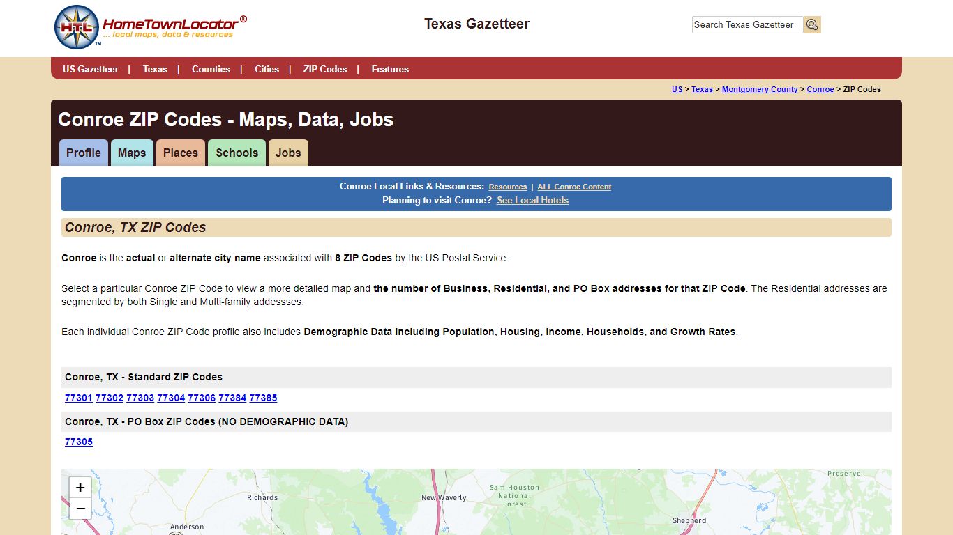 Conroe ZIP Codes - Maps, Data, Jobs - HomeTownLocator