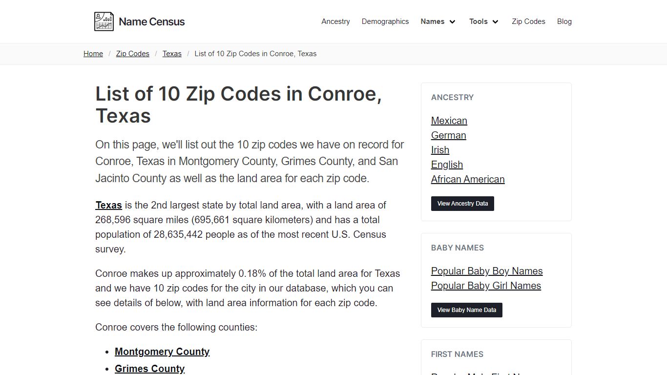 Conroe Zip Codes | List of 10 Zip Codes in Conroe, Texas - Name Census